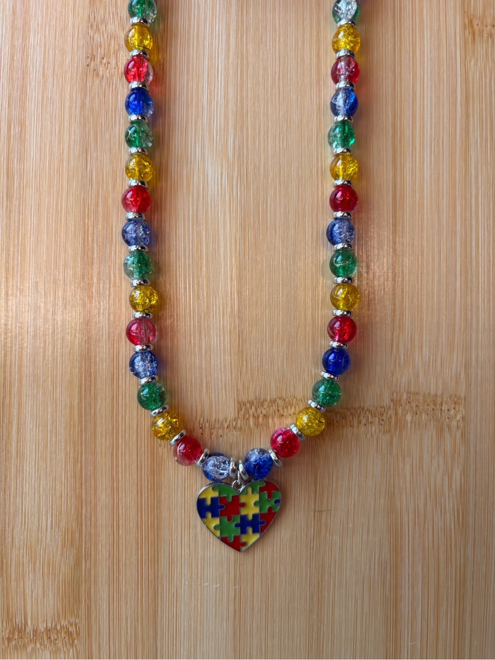 Multicolor Autism Awareness Puzzle Heart Beaded Necklace - Women Jewelry